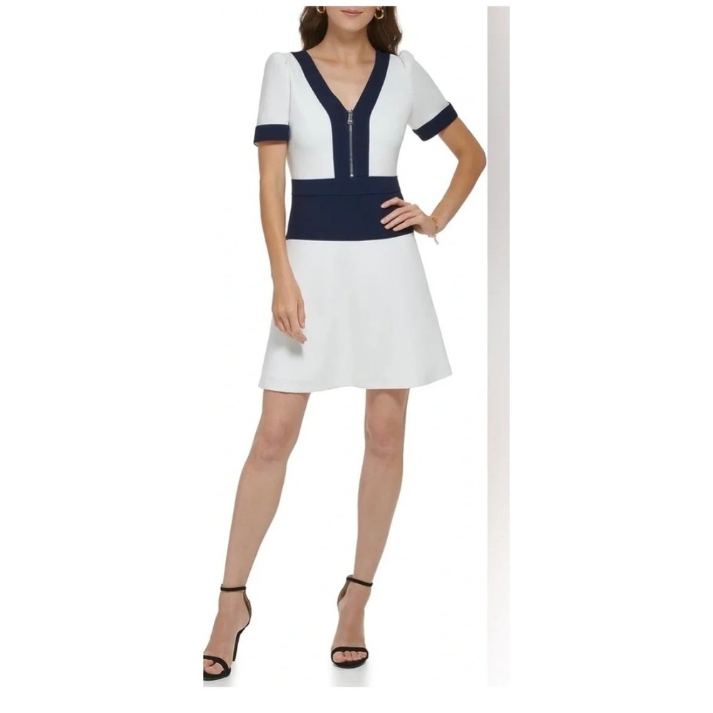 DKNY Womens Size 8 White Navy Blue Colorblock Zip Front V-Neck Mini Dress Puffed